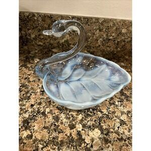 Vintage Duncan Miller  Elegant Blue Opalescent Swan Glass Bowl Candy Dish  1940s